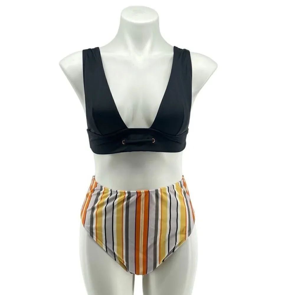 ASOS Swim Mix and Match High Waist Stripe Bottom with Black Bralette Top Size 8